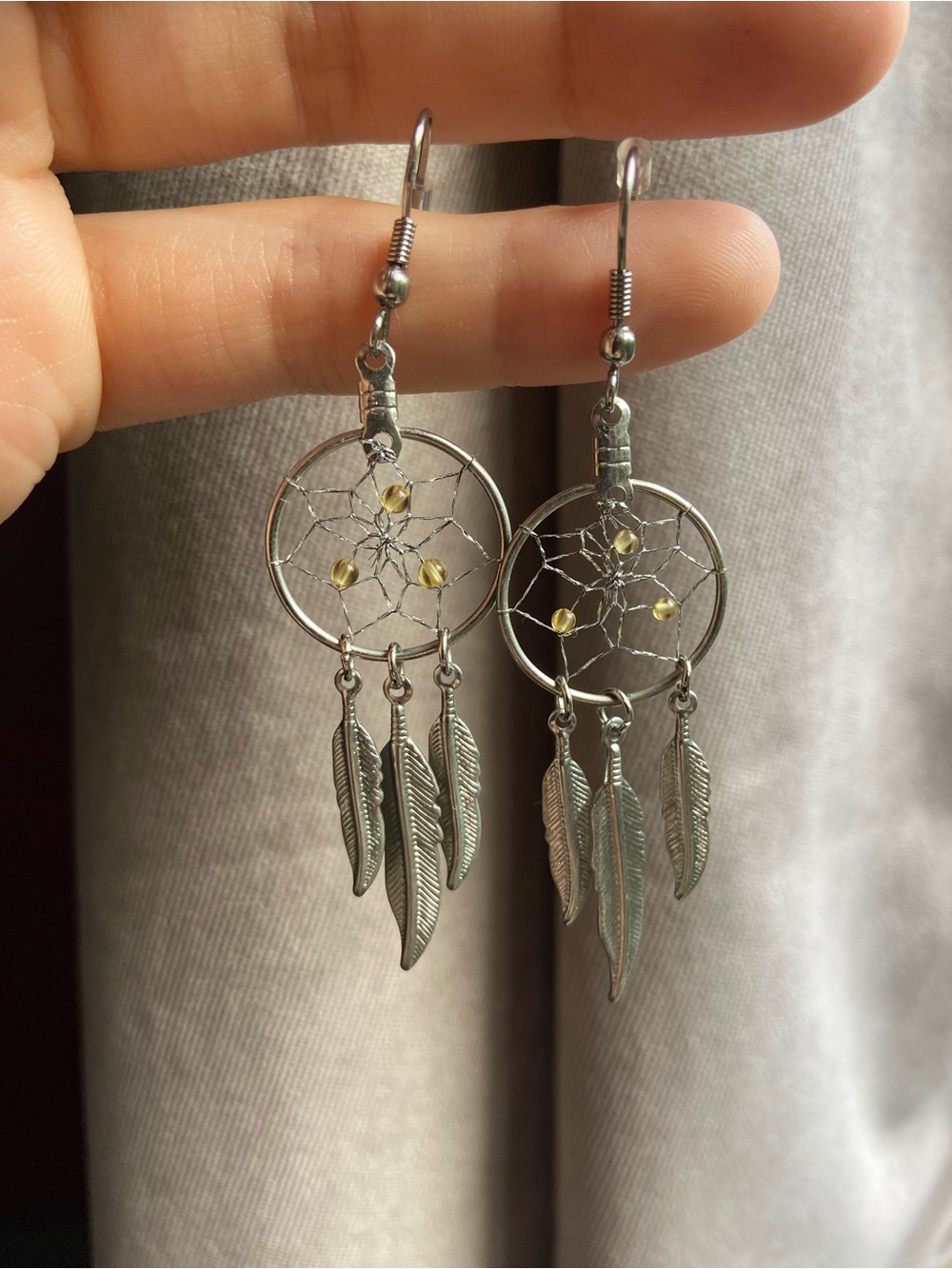 4/$10 Silver Wire Dreamcatcher and Feather Earrings with Yellow Beads